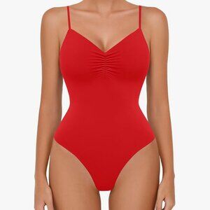 Ruched V Neck Backless Double Lined Thong Bodysuit